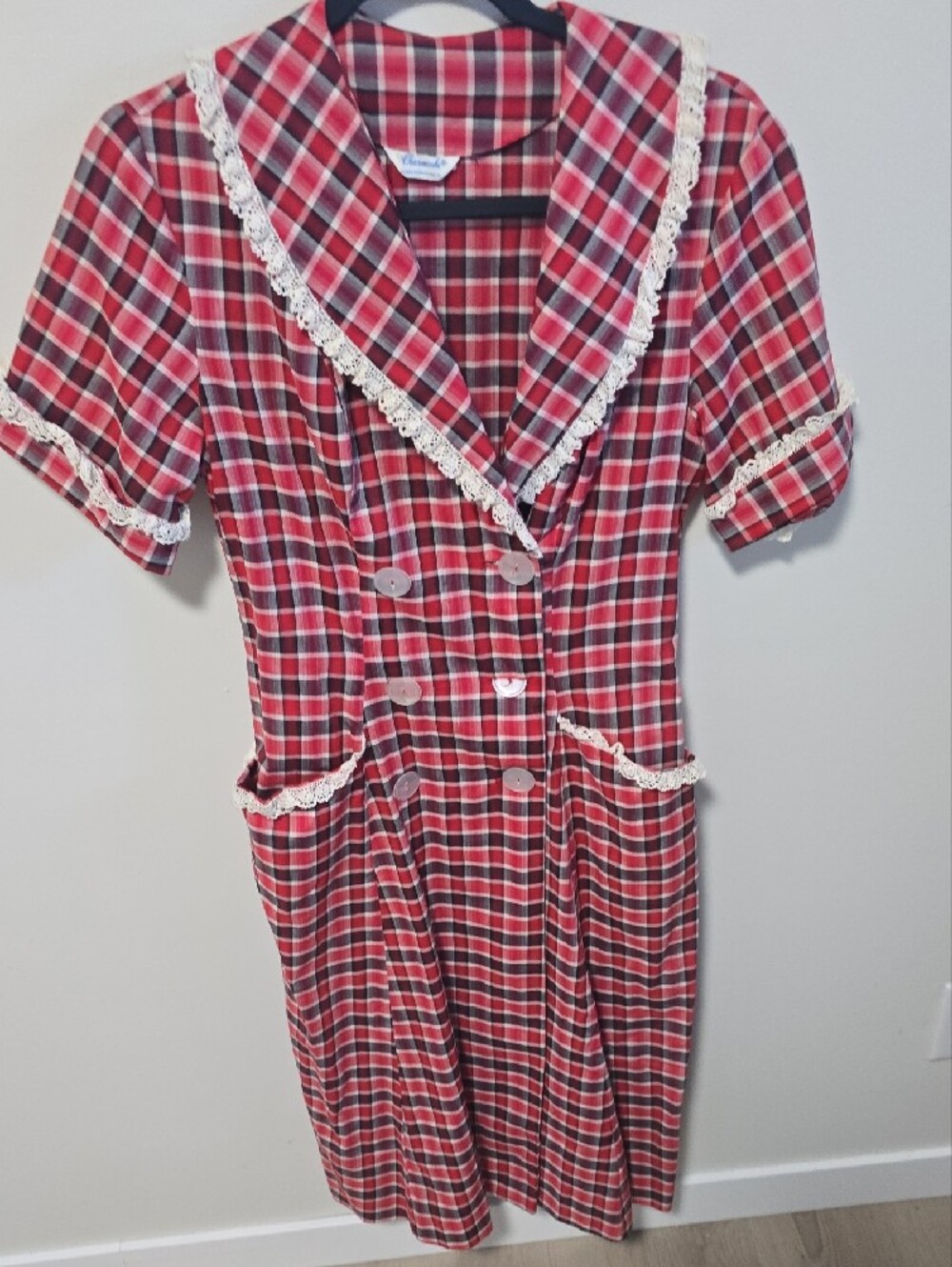 VTG 50s 60s Charmode Sears Plaid Double Breasted Dress Lace Trim Rockabilly
